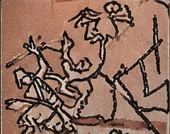 Macro close-up of freedom fighter figures surrounding the horse on the Tilak Swaraj stamp artwork