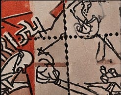 Macro close-up of the perforation line splitting the Tilak Swaraj se-tenant stamp pair artwork in half