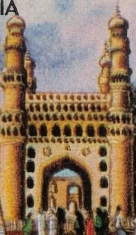 Macro detail of the 1990 Charminar stamp showing the monument's minarets and arched openings running to the top edge of the printed design area