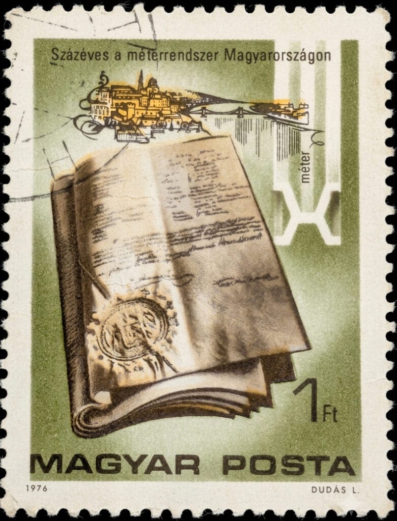 Hungary 1976 metric system stamp, one forint, showing a sealed 1874 document, a gold city skyline and an X-shaped prototype metre against olive green