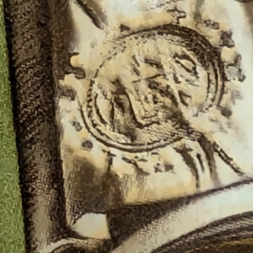 Macro detail of the sealed folio on Hungary's 1976 metric system stamp, showing handwritten lines and a heavy embossed seal in airbrushed grey brown