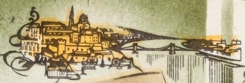 Macro of the gold and black line-drawn river skyline and suspension bridge at the top of Hungary's 1976 metric system stamp, one forint