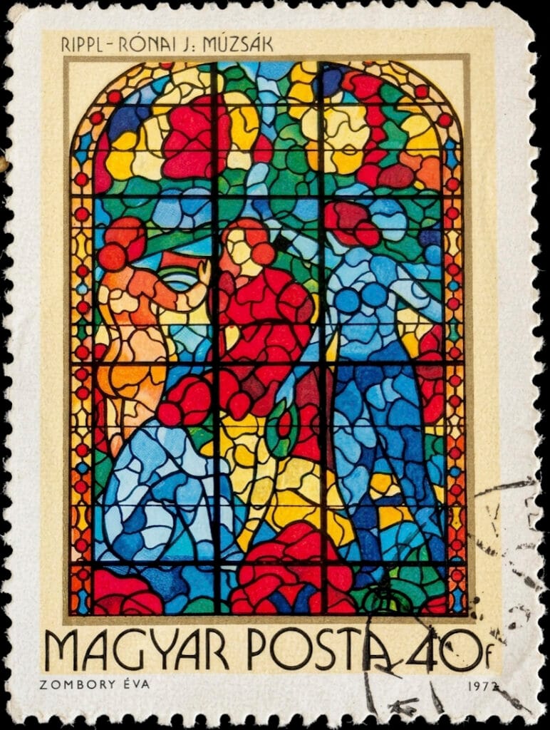 Hungary stained glass stamp of 1972, 40 fillér, showing the Muses window after József Rippl-Rónai, used and cancelled