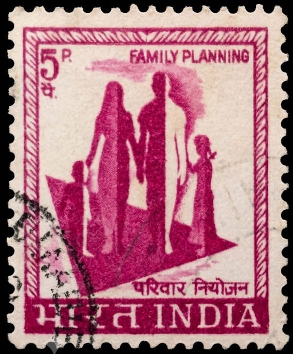 India 1967 five paise cerise family planning stamps definitive showing a silhouetted family of four standing on a solid inverted red triangle with bilingual caption in a rope border