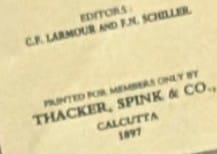 Macro detail of the 1897 journal cover reproduced on the 1997 India stamp, showing the line stating it was printed for members only by Thacker, Spink and Co., Calcutta