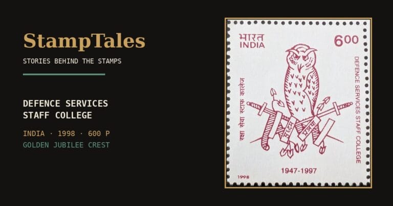 StampTales featured card for the 1998 India Post Defence Services Staff College golden jubilee stamp, showing the college owl crest in maroon