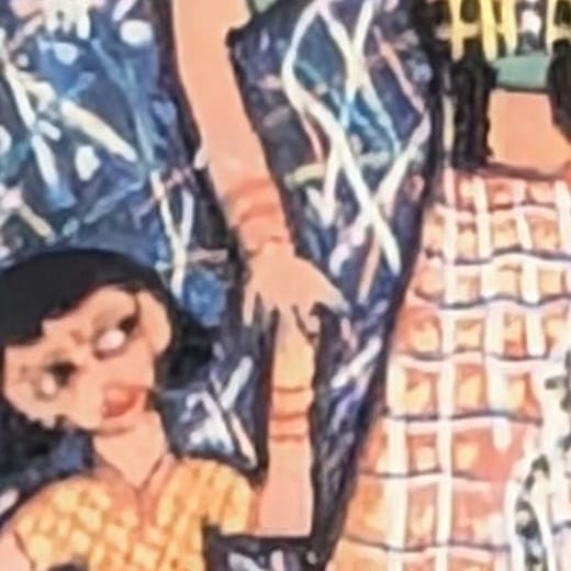 Detail of the 1983 Children's Day stamp showing the small girl reaching up to clasp the woman's hand at hip height, near the centre of the panel