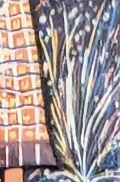 Detail of the Indian 1983 Children's Day stamp where the checked skirt meets the painted fireworks, both rendered in the same crossed strokes