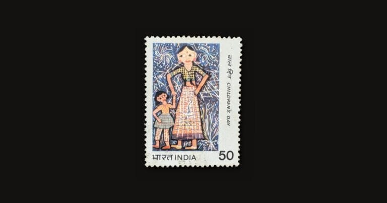 Featured card for the 1983 Children's Day stamp of India, 50 paise, showing a woman and a girl among fireworks