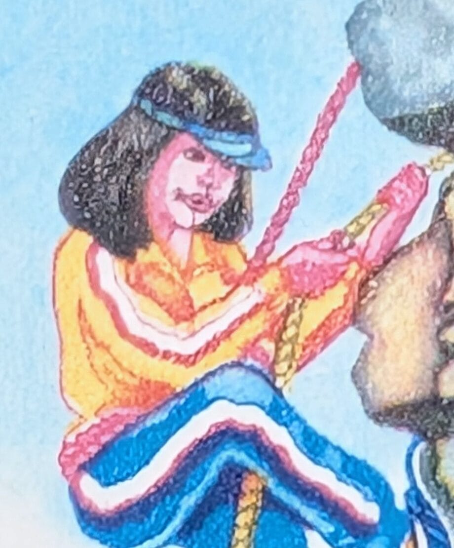 Macro detail of the climbing figure in a yellow jacket and striped tracksuit trousers with hair gathered in a knot and no helmet