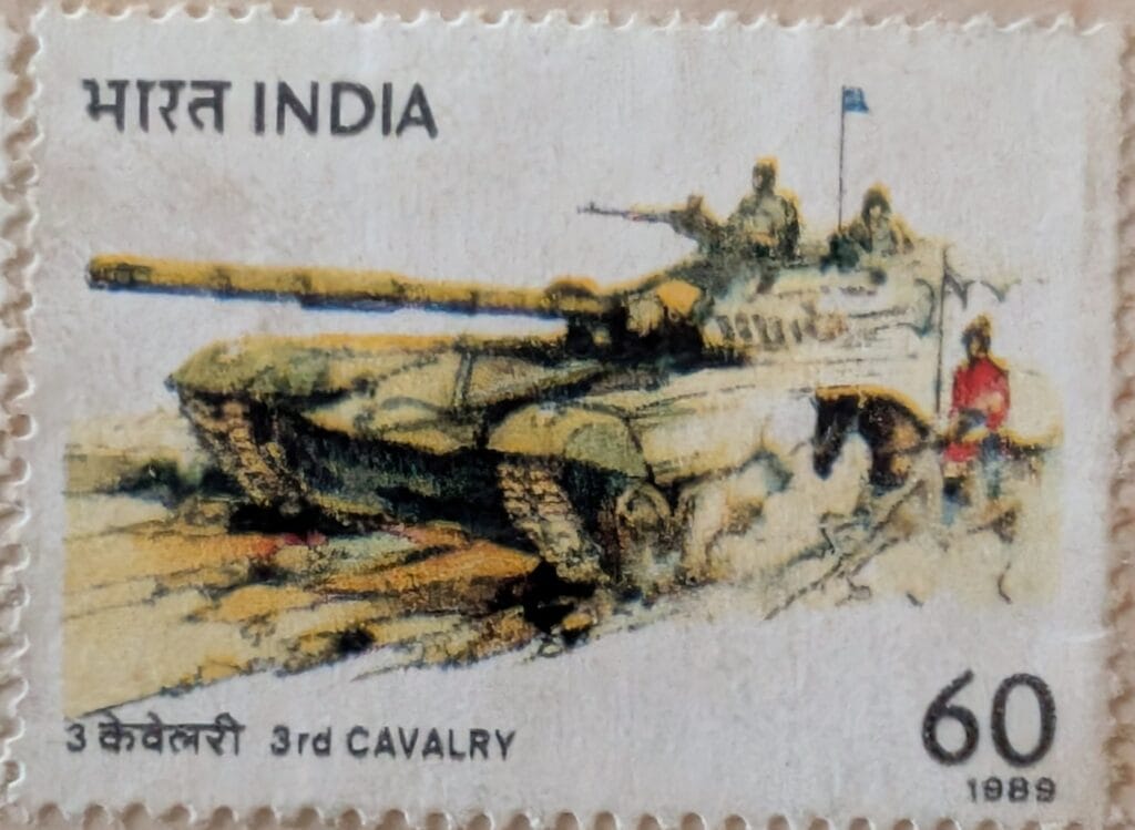 The 1989 India Post 60 paise stamp for the 3rd Cavalry regiment, showing a main battle tank with crew and a horse held beside it