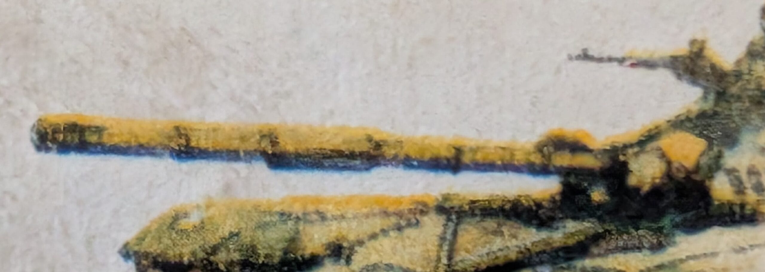 Detail of the 1989 3rd Cavalry stamp showing the tank gun barrel laid flat across the frame above a thin blue horizon line
