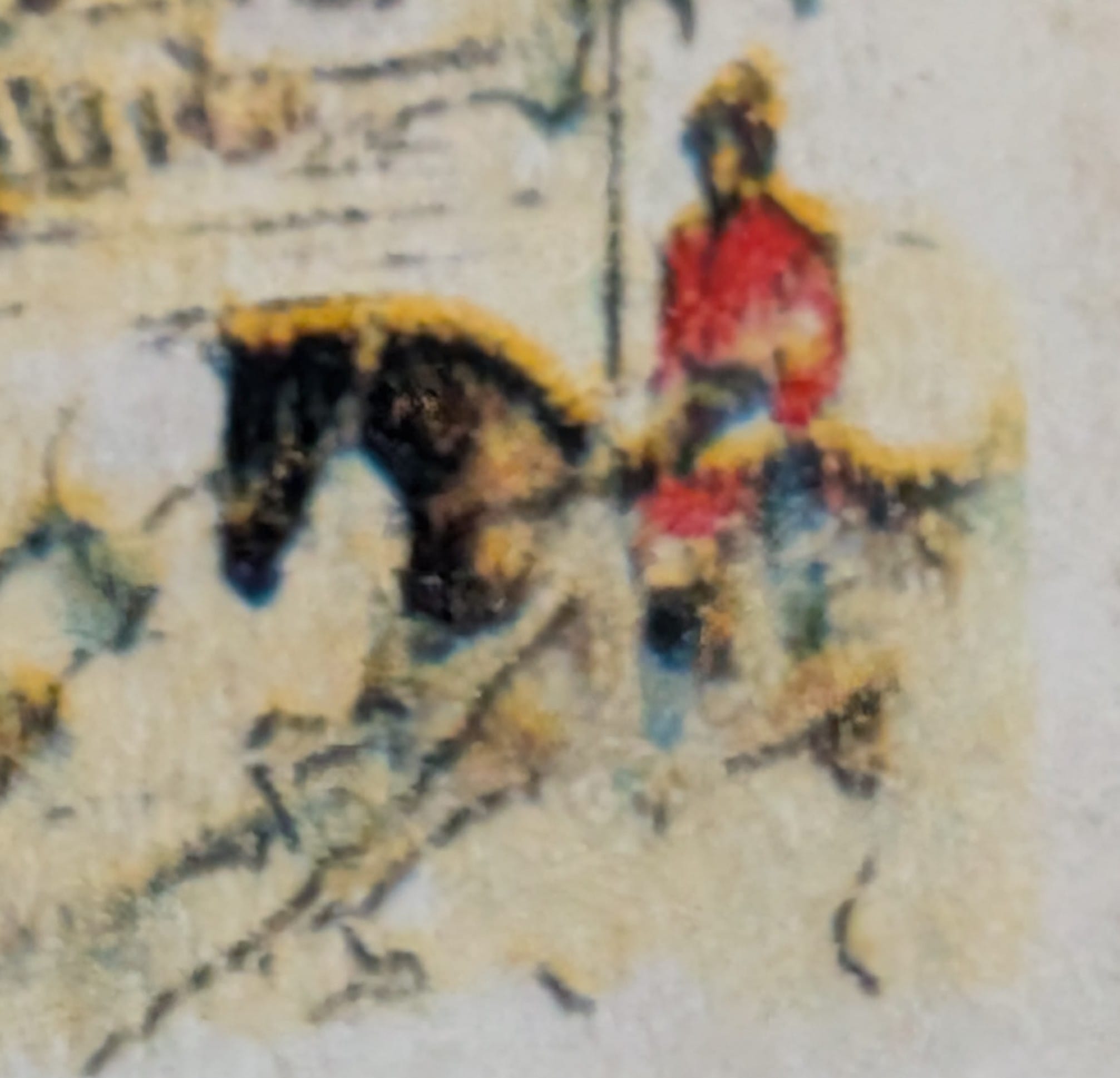 Detail of the 1989 3rd Cavalry stamp showing a white horse held by a figure in cavalry red standing behind the tank