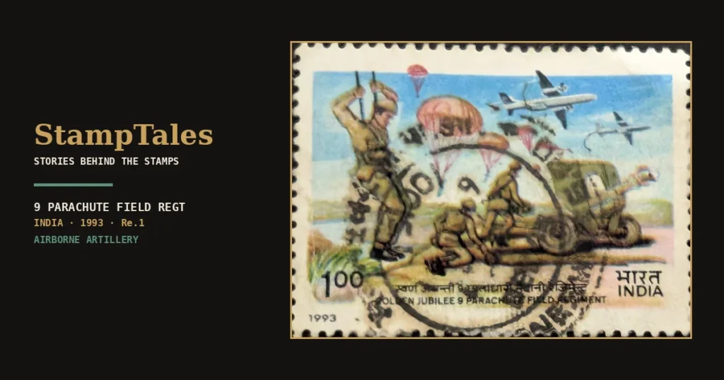 StampTales feature image: the 1993 Golden Jubilee stamp of the 9 Parachute Field Regiment of India beside the article headline on a dark brand background.