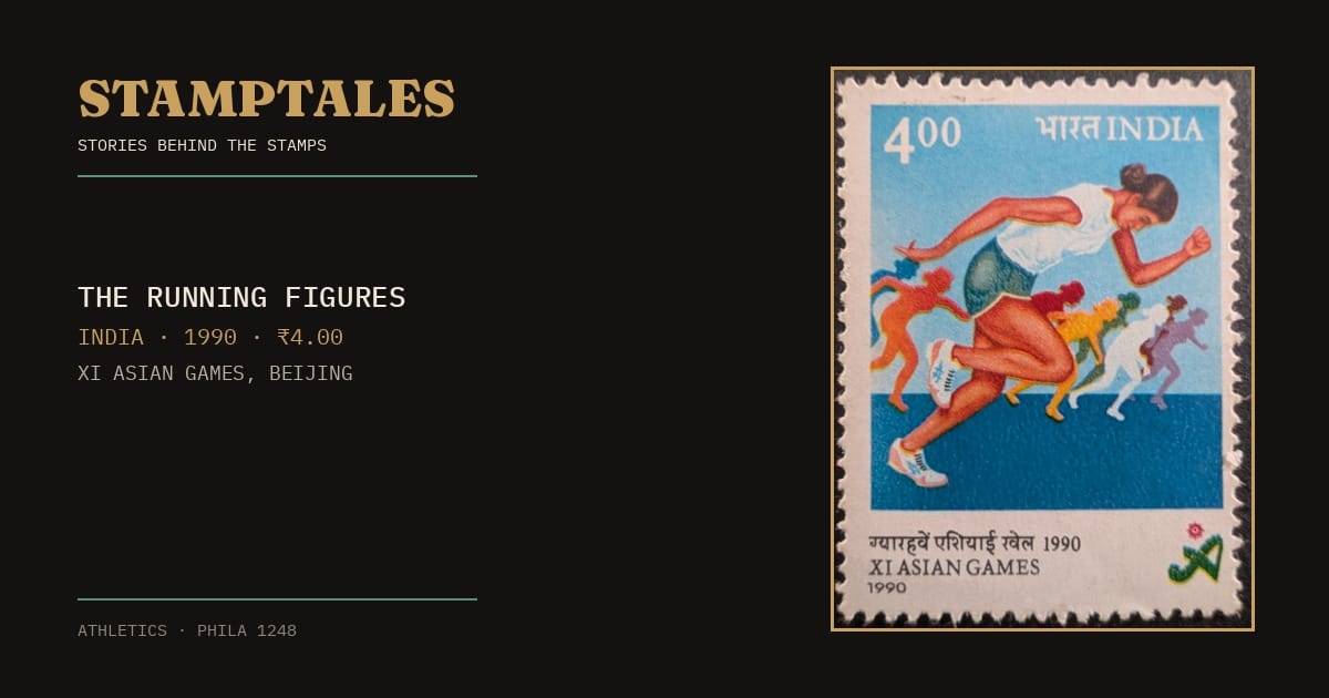 The 1990 India XI Asian Games stamp, 4 rupees, a sprinter breaking forward ahead of a trailing chain of smaller multicoloured runners against blue