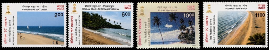 All four Beaches of India stamps from 1997 - Gopalpur, Kovalam, Anjuna, and Bogmalo - arranged together as issued for INDEPEX '97.