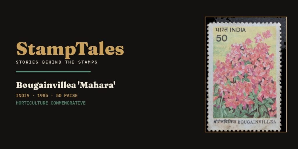 Bougainvillea Mahara 1985 — the 50-paise India stamp showing a dense cluster of coral-pink Mahara bracts against a yellow ground