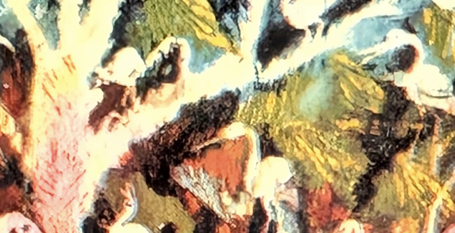 Macro detail of white wading birds painted among tree branches on the 1984 Indian Children's Day stamp, several rendered in only three or four brushstrokes
