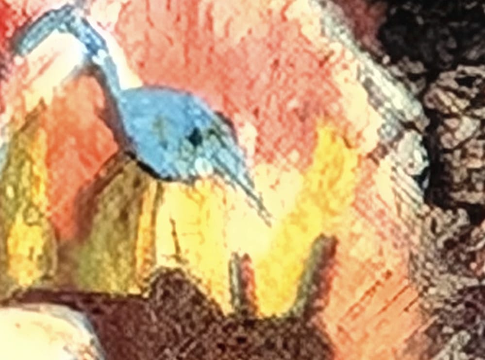 Macro detail of a small blue and orange bird painted at the left edge of the 1984 Indian Children's Day stamp, against a red and yellow background