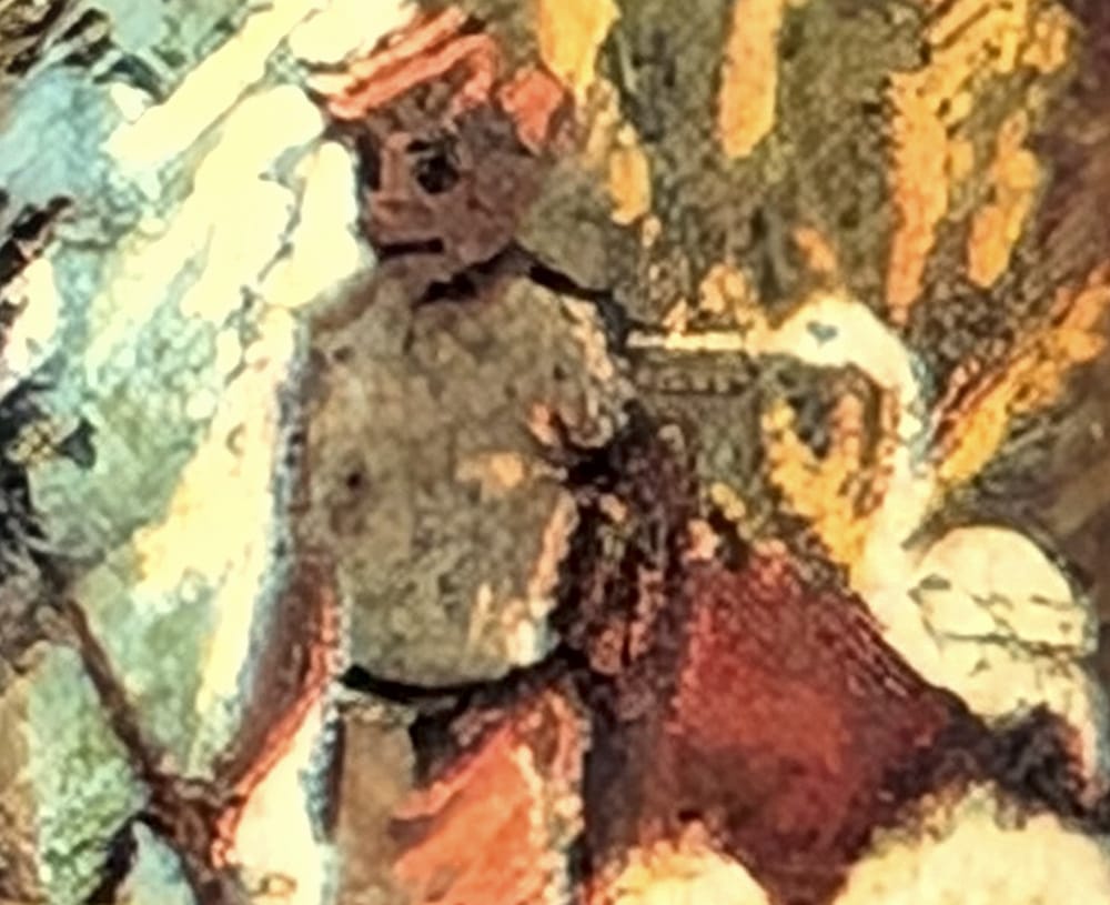 Macro detail of the small dark herdsman figure in a cap at the lower right of the 1984 India Children's Day stamp, beside a pale animal