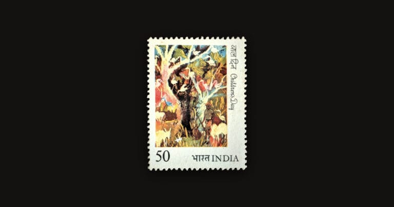 The 1984 Children's Day stamp of India, 50 paise, showing a dense forest painting with white wading birds in the branches and a herdsman below