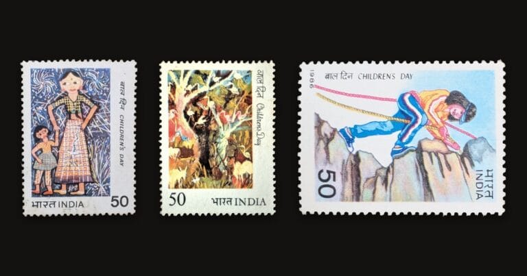 The 1983, 1984 and 1986 Children's Day stamps of India shown together, three children's paintings printed by India Post