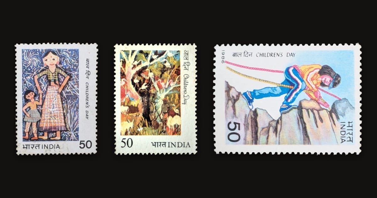 The 1983, 1984 and 1986 Children's Day stamps of India shown together, three children's paintings printed by India Post