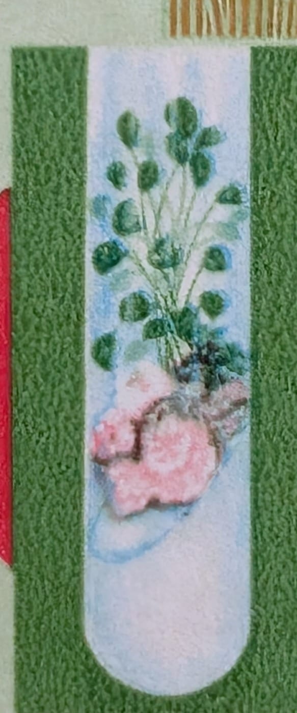 Macro of the central culture tube on the 1996 India Crop Science Congress stamp, a green plantlet regenerating from a pink and white callus mass