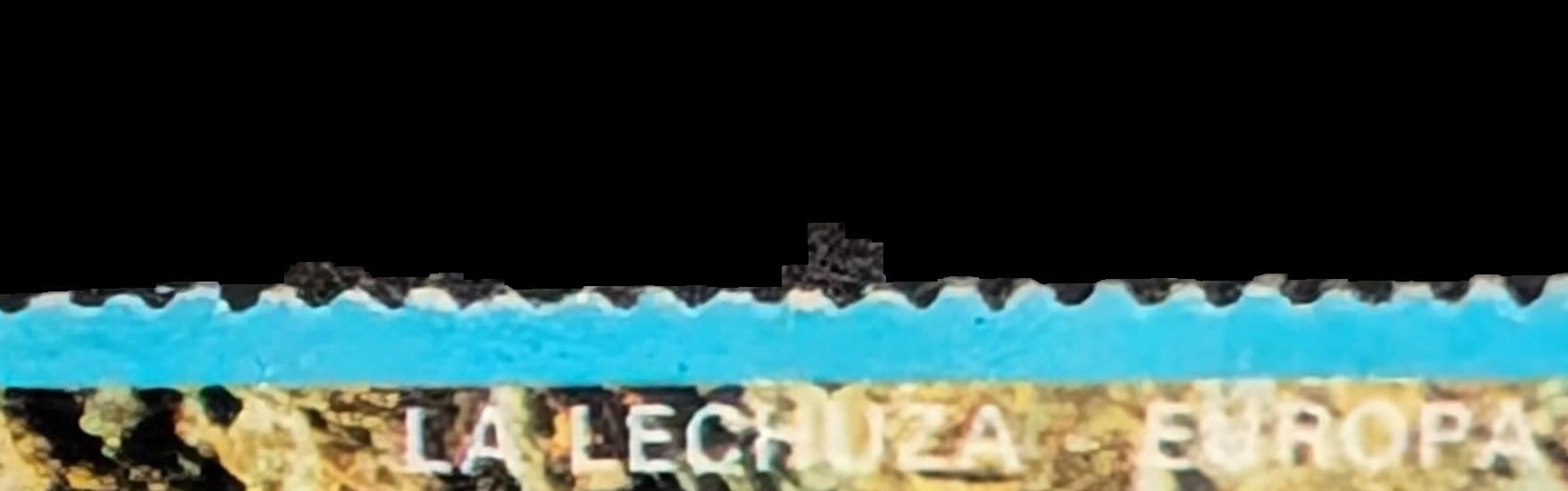 Macro of the printed label la lechuza europa along the edge of the Equatorial Guinea owl stamp