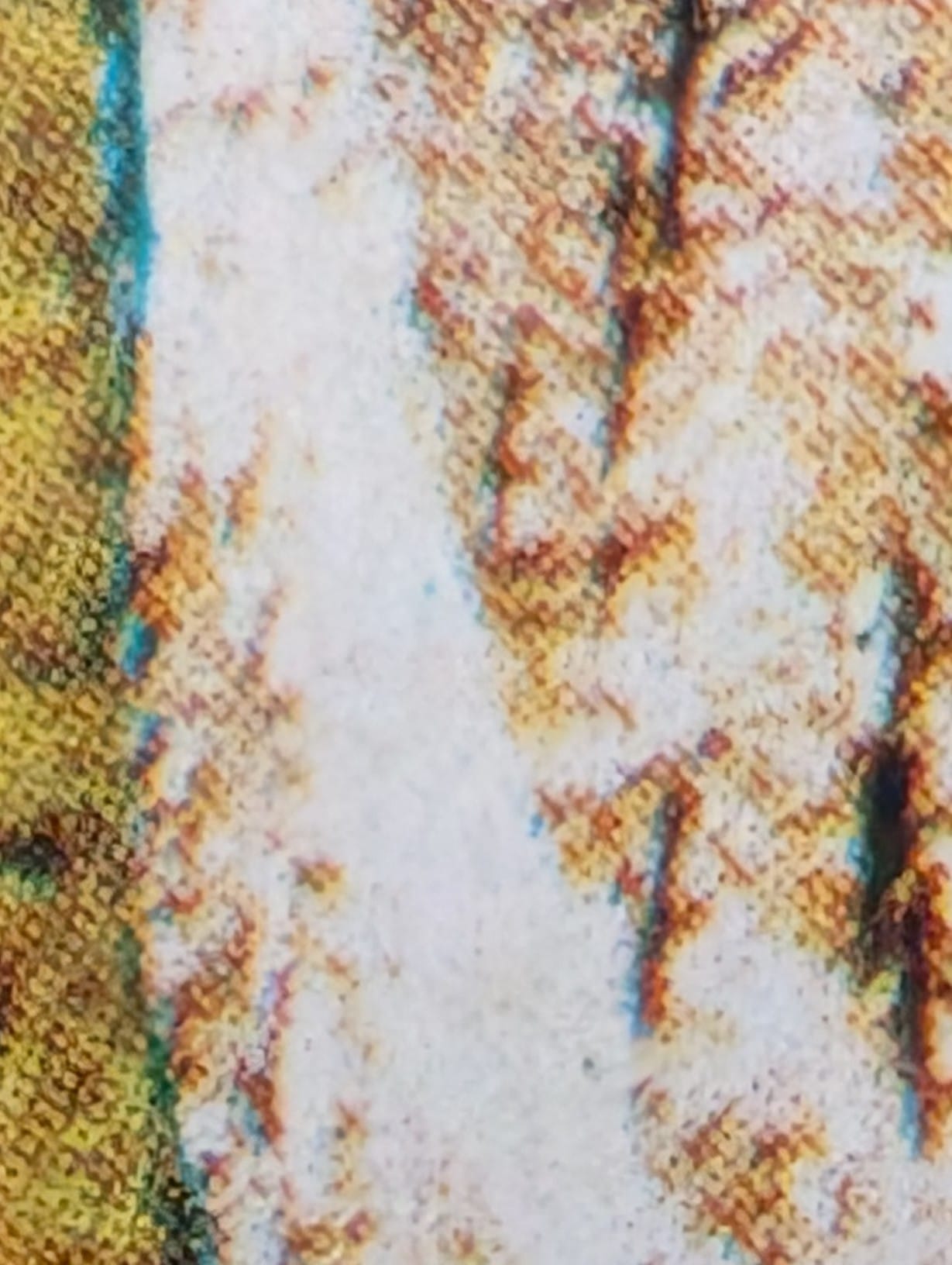 Extreme macro showing the coarse halftone colour-dot printing on the Equatorial Guinea owl stamp