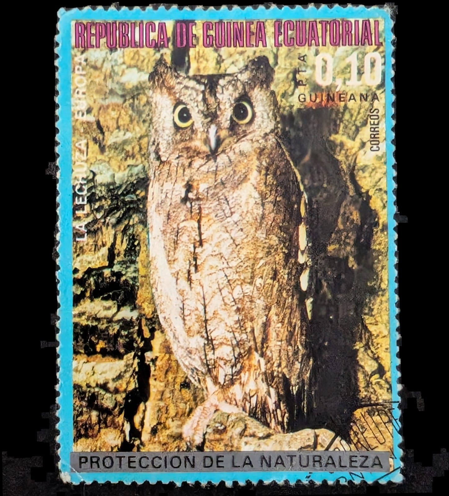 Equatorial Guinea owl stamp, 0,10 pta guineana, a 1970s nature-protection issue showing an eared owl on a rocky background