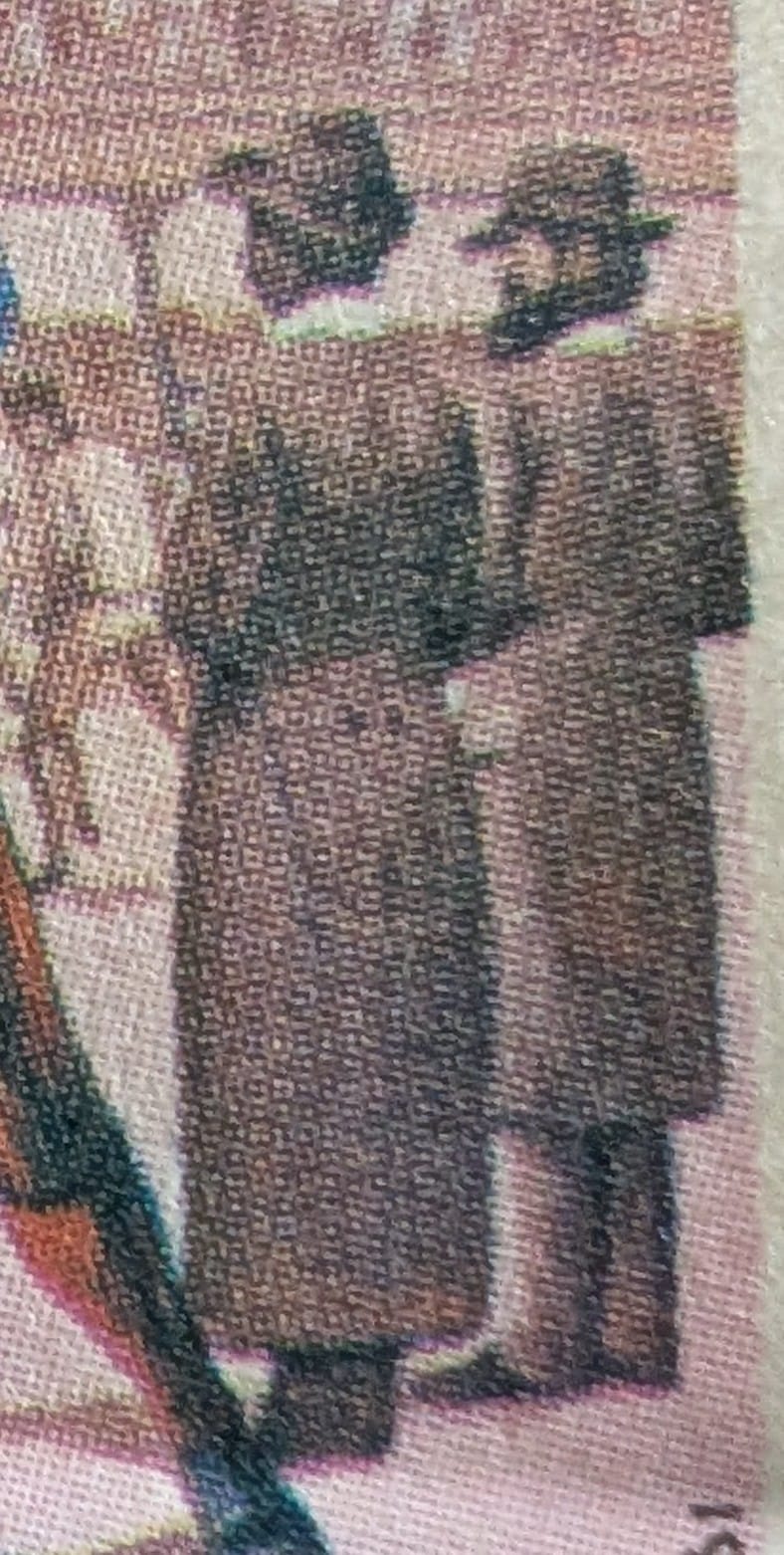Macro of the top-hatted spectators in long coats lining the pitch on the right of the 1985 Nicaragua El Futbol en 1883 stamp, with the 1985 printing year visible in the corner