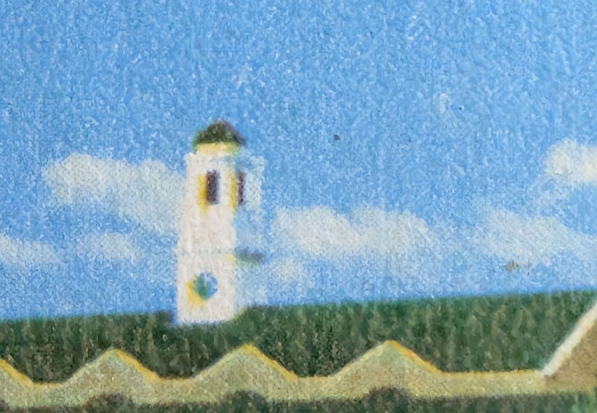 Macro detail of the Chetwode Building clock tower on the 1982 Indian Military Academy stamp, the green clock face and scalloped roofline visible at close range