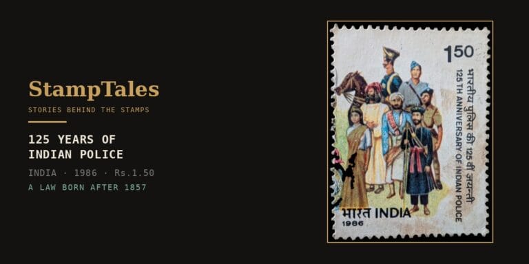 The 1986 India stamp marking 125 years of the Police Act 1861, showing police figures in varied historical and regional uniforms