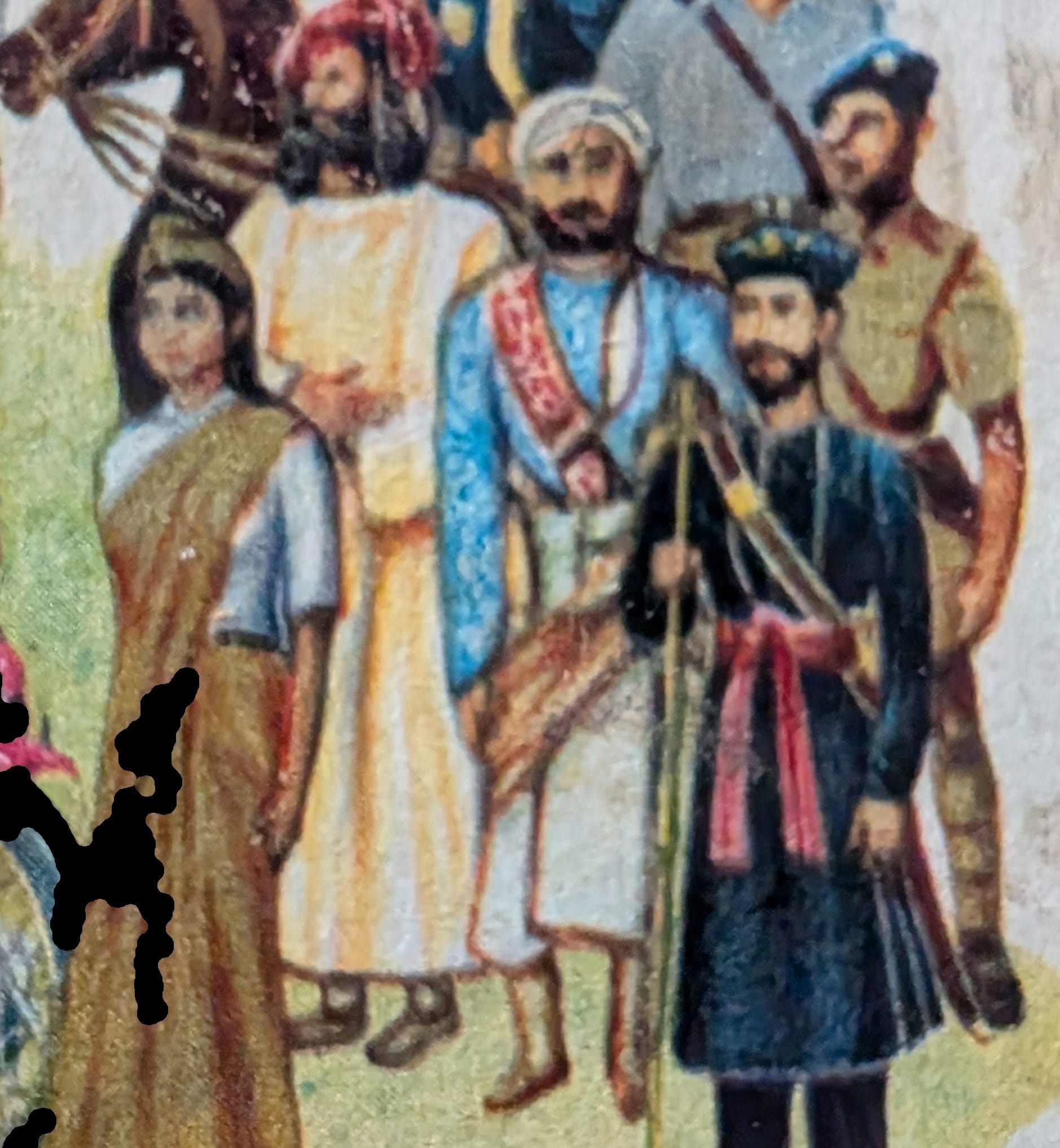 Macro of the grouped figures on the 1986 India stamp showing the range of police uniforms from plumed ceremonial dress to khaki drill