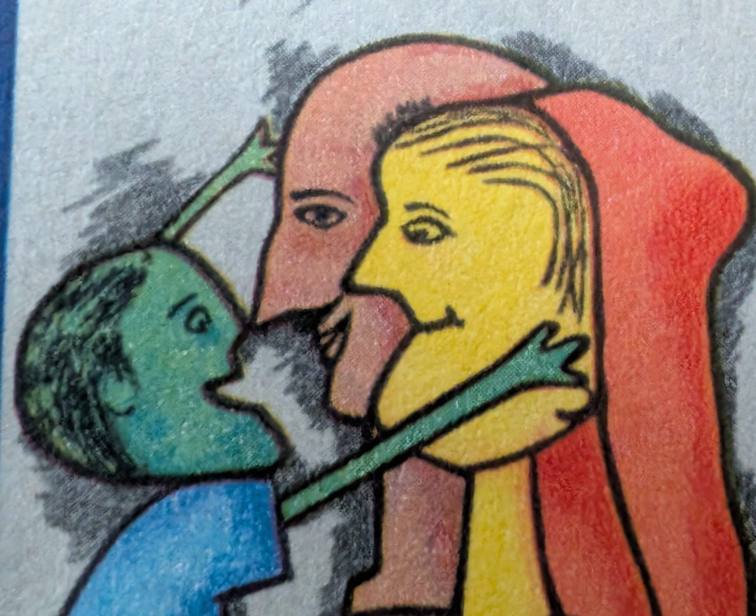 Macro of the child's raised arms meeting the yellow and coral faces of the elders on the 1988 India Love and Care for Elders stamp