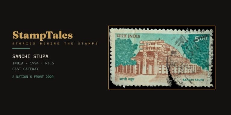 The 1994 India 5-rupee Sanchi Stupa definitive, reddish-brown and turquoise-green, showing the carved East Gateway in front of the Great Stupa dome