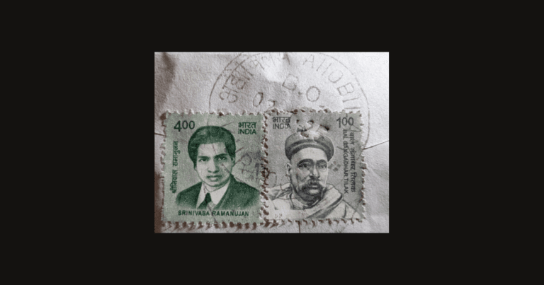 Srinivasa Ramanujan stamp beside a Bal Gangadhar Tilak definitive on an envelope corner, shown on a dark background as the article's featured image