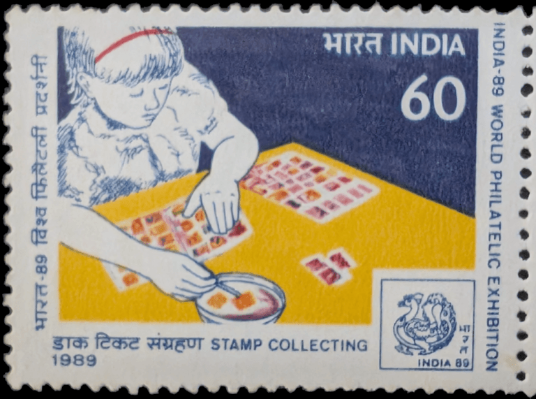 India's Stamp Collecting 1989 issue, 60 paise, showing a child sorting a stamp album beside a bowl of water, from the INDIA-89 World Philatelic Exhibition set