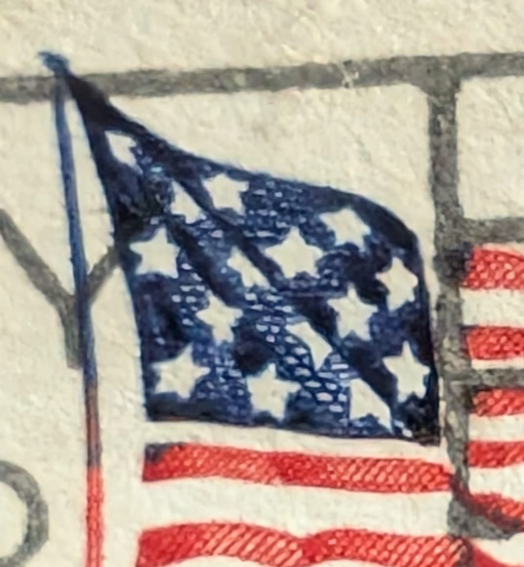 Macro of the navy canton of the 1978 Fort McHenry Flag stamp, the 15-star field of the 1814 garrison flag, built from fine engraved lines
