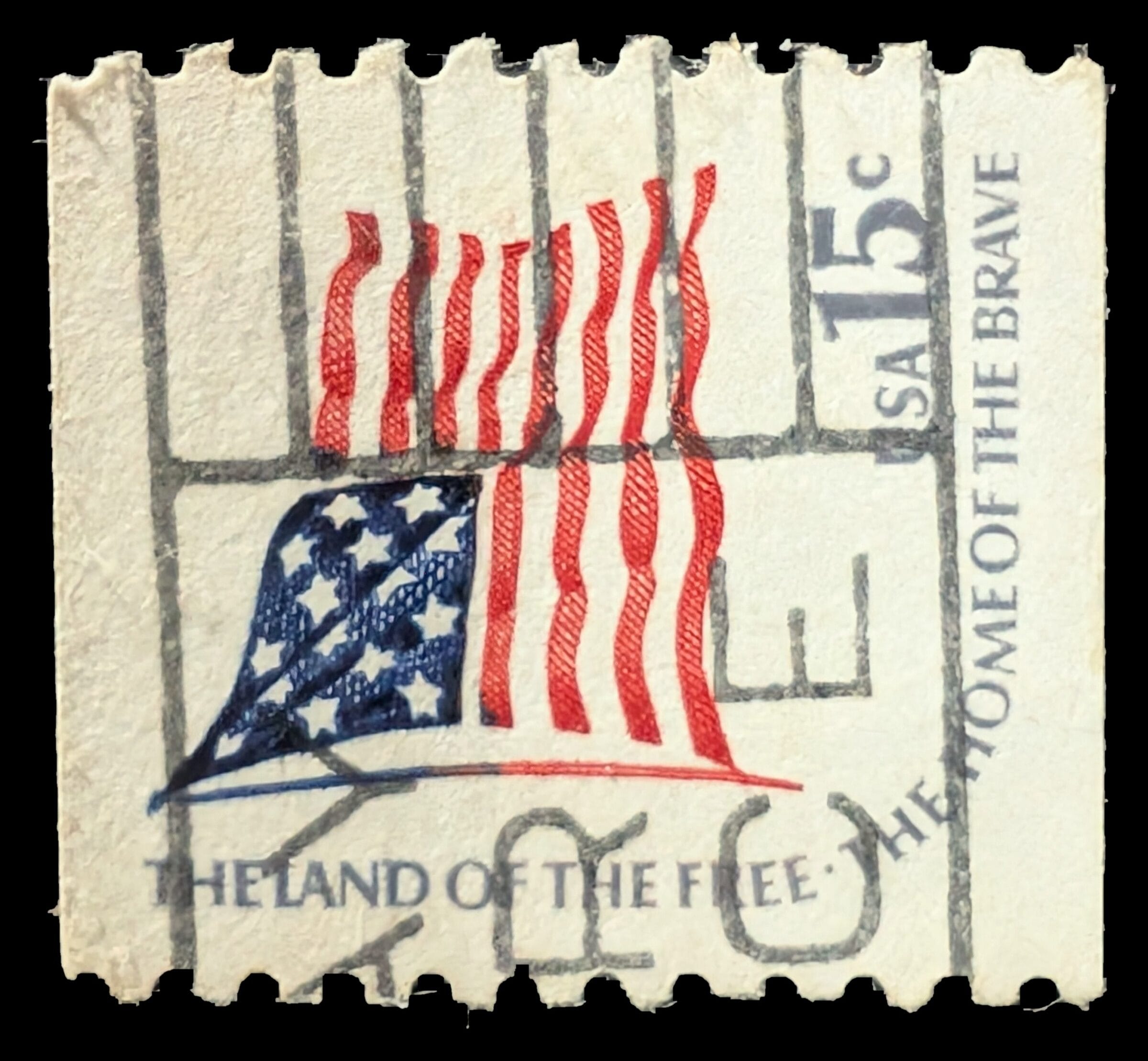 The complete 1978 United States 15-cent Fort McHenry Flag coil stamp, showing the 15-star flag with the anthem's closing couplet wrapped along two adjoining sides
