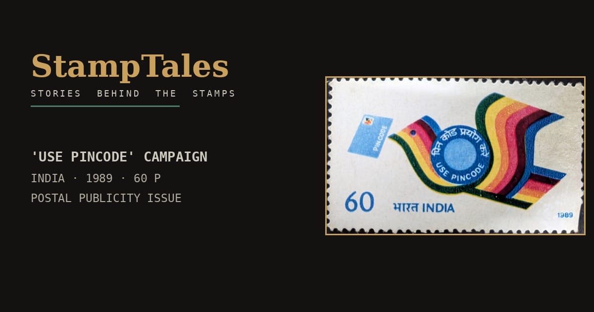 Caption-strip hero for the 1989 India Post Use Pincode campaign stamp, 60 paise, showing a rainbow messenger bird carrying a USE PINCODE roundel
