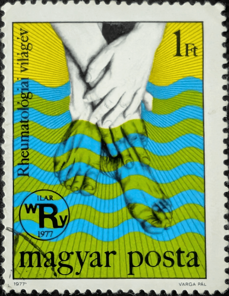 World Rheumatism Year stamp, Hungary 1977, 1 Ft, clasped hands over sun rays and blue-green wave bands, designed by Varga Pál